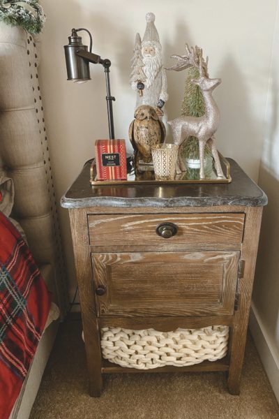 christmas bedroom decor 2020 with glitter reindeer and santa on nightstand