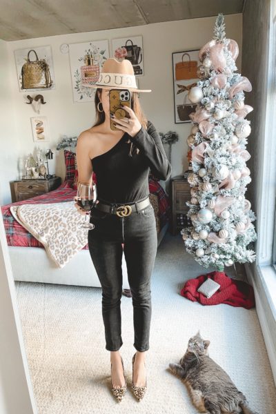 amazon black ribbed one shoulder bodysuit with black jeans and leopard heels