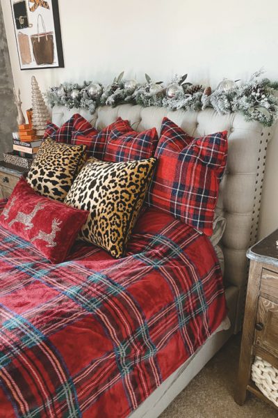 christmas bedroom decor 2020 with leopard and plaid bed pillows