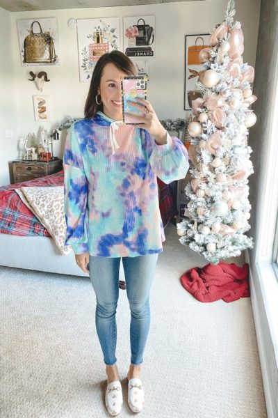 amazon purple tie dye sweatshirt with jeans and white mules