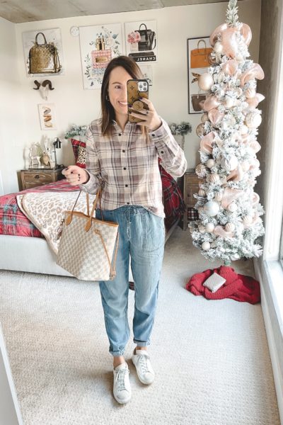 thread and supply plaid shirt with chambray joggers and louis vuitton neverfull