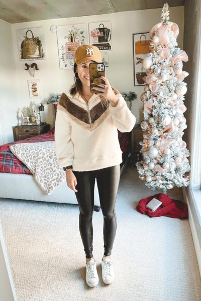 sugar lips chevron sherpa pullover with spanx leggings and golden goose sneakers