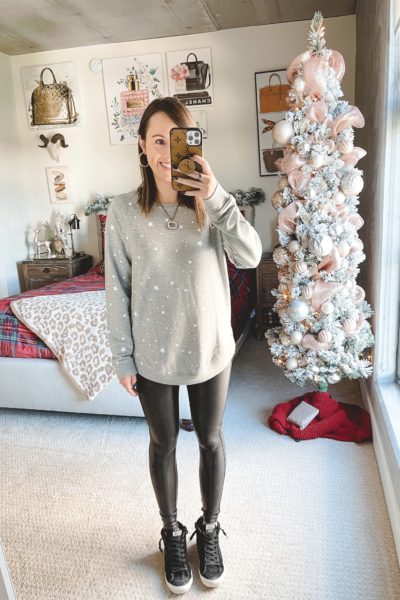thread and supply star sweatshirt with spanx leggings and golden goose hightop sneakers