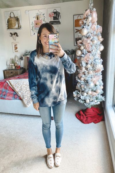 amazon black tie dye sweatshirt with jeans and white mules