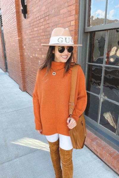 amazon orange turtleneck sweater with over the knee boots and hermes evelyne gold