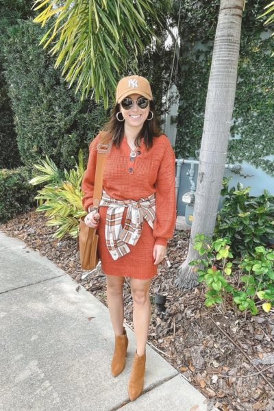 amazon orange waffle knit sweater dress with yankees hat and marc fisher alva booties