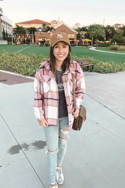 amazon pink plaid shacket with ripped jeans and saint laurent sweatshirt