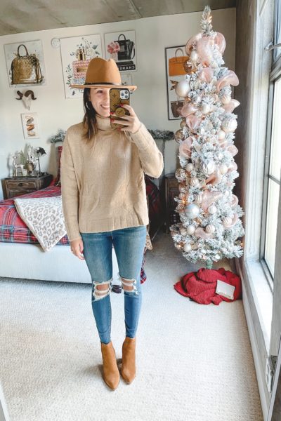 oatmeal turtleneck sweater with ripped jeans and marc fisher alva booties