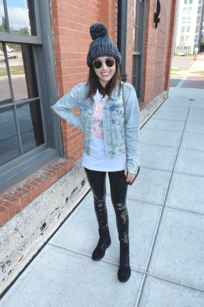 free people ripped denim jacket with patent leggings and hermes skull tee