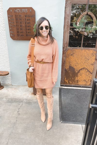 fable coral sweater dress with hermes belt and sam edelman hai boots