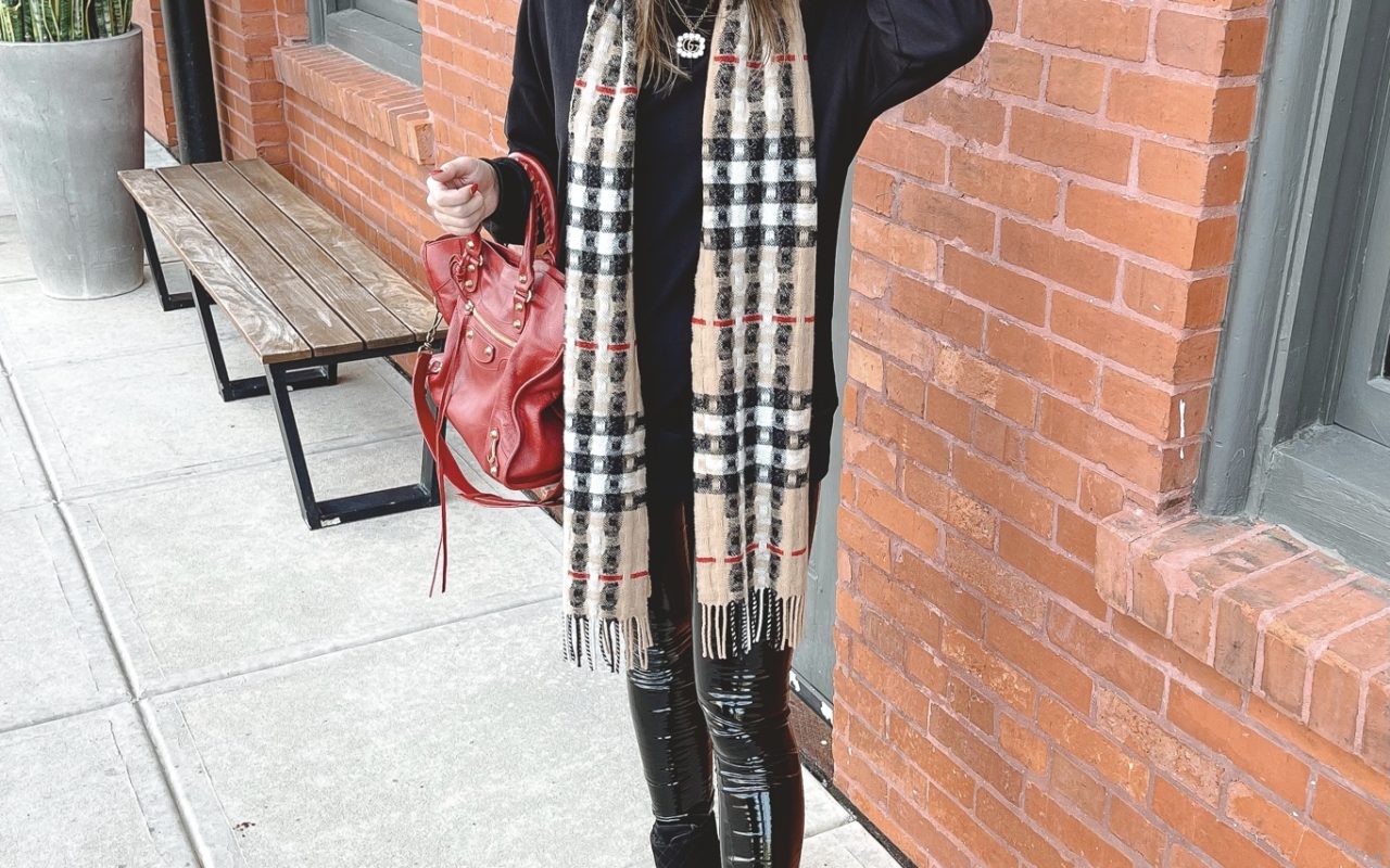 amazon black oversized sweatshirt with burberry scarf and red beanie