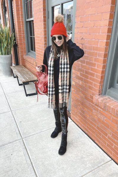 amazon black oversized sweatshirt with burberry scarf and red beanie