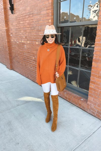 amazon orange turtleneck sweater with over the knee boots and hermes evelyne