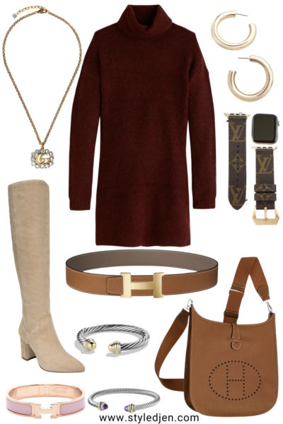 burgundy sweater dress with knee hight boots and hermes belt