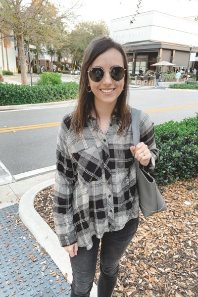 plaid flannel top with teddy black alice tote