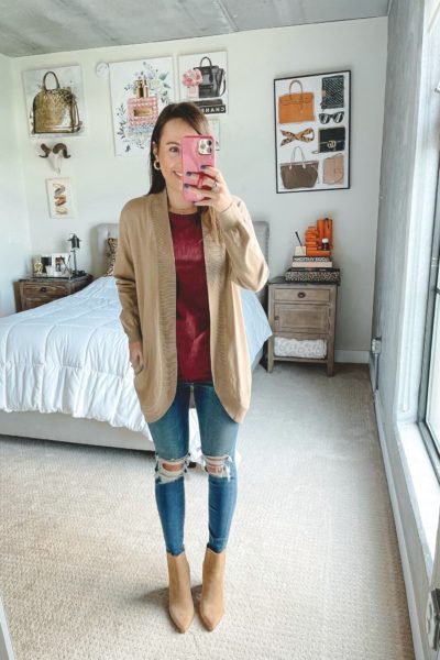 amazon red ribbed tank with tan cardigan and booties