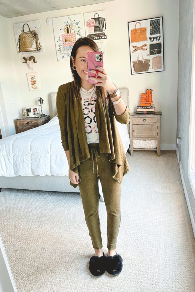 bobeau olive joggers with tshirt and cardigan