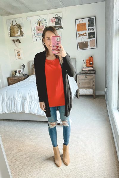 amazon red lace trim tank with black cardigan and booties