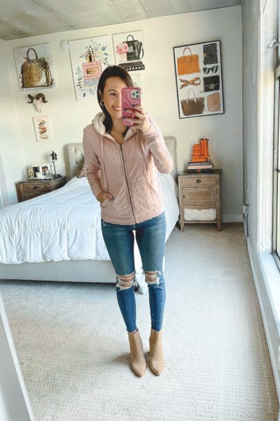 bobeau heart sherpa lined zip up with ripped jeans and booties