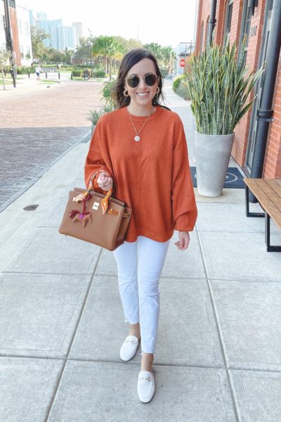 free people uptown pullover with hermes gold birkin and white jeans