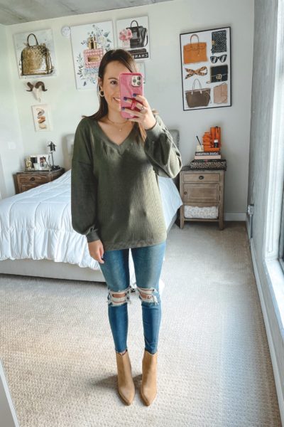 amazon olive green waffle knit top with ripped jeans and booties