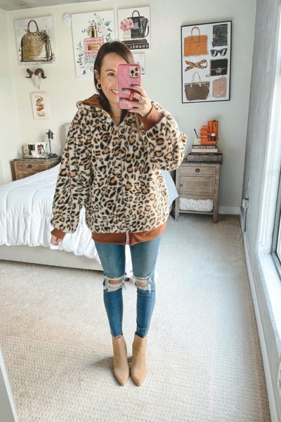 amazon leopard coat with ripped jeans and booties