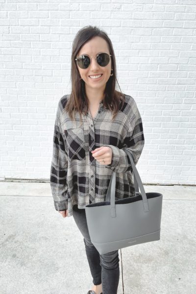 teddy black alice tote with plaid flannel top