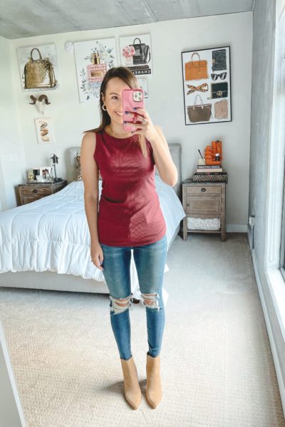 amazon red ribbed tank with ripped jeans and booties