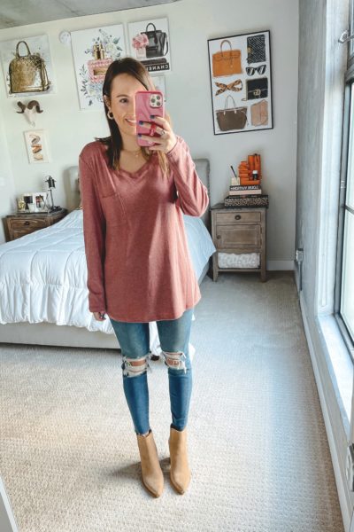 amazon pocket long sleeve top with ripped jeans and booties