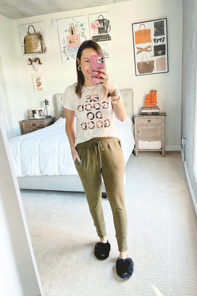 bobeau olive joggers with tshirt and slippers