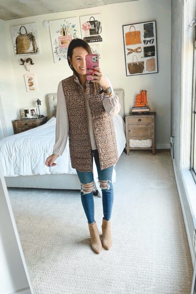 bobeau leopard vest with ripped jeans and booties
