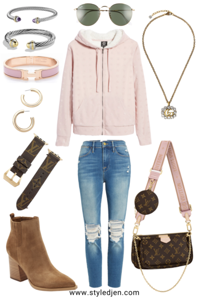 bobeau pink sherpa lined zip up with ripped jeans and booties