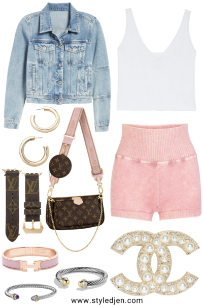 free people rumors destroyed denim jacket with pink bike shorts and louis vuitton multi pochette