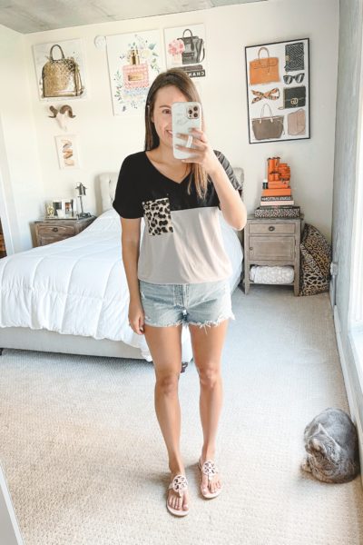 amazon leopard pocket tee with agolde shorts and sandals