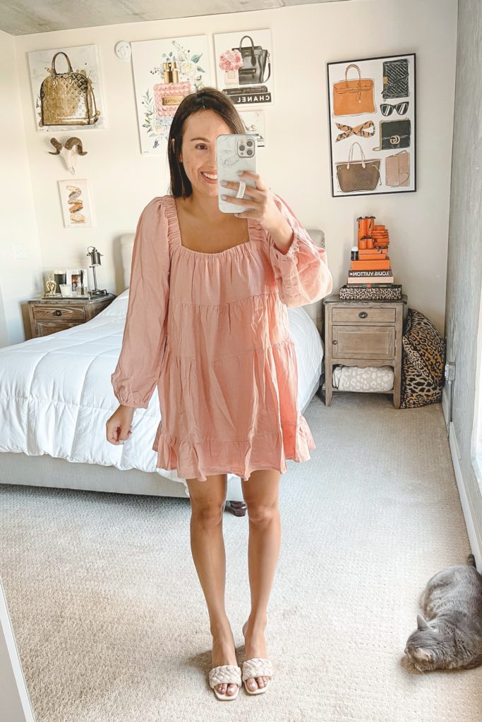 cotton candy la pink tiered long sleeve dress with braided sandals