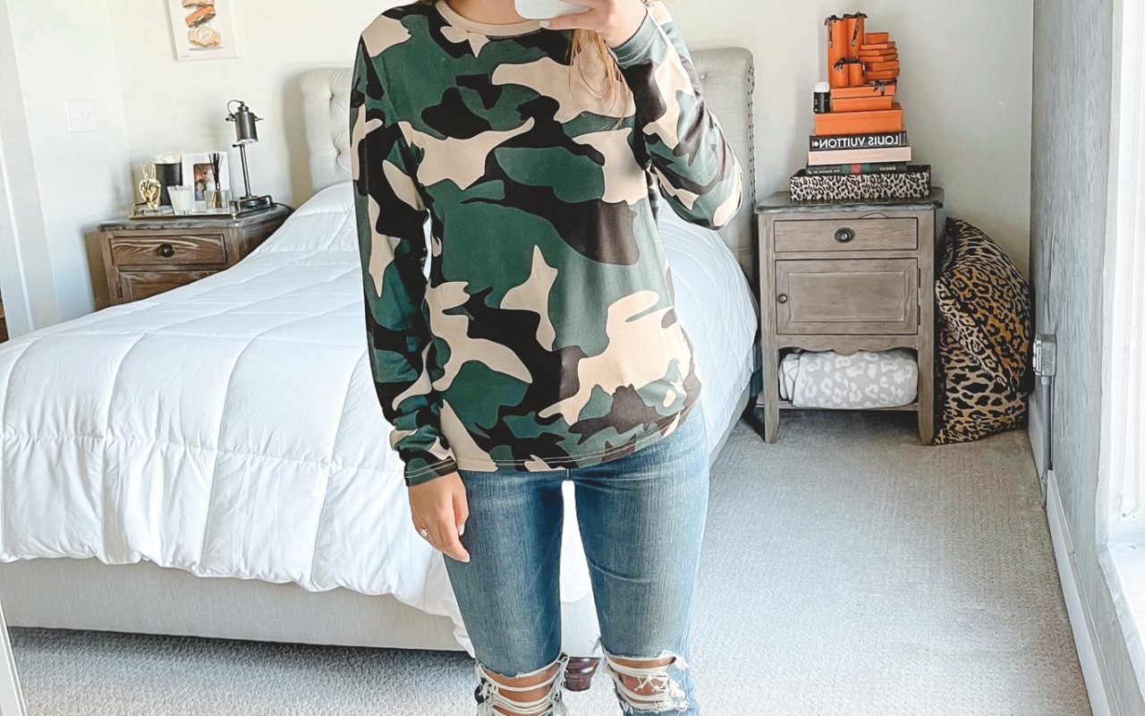 amazon camo long sleeve with ripped jeans and mules