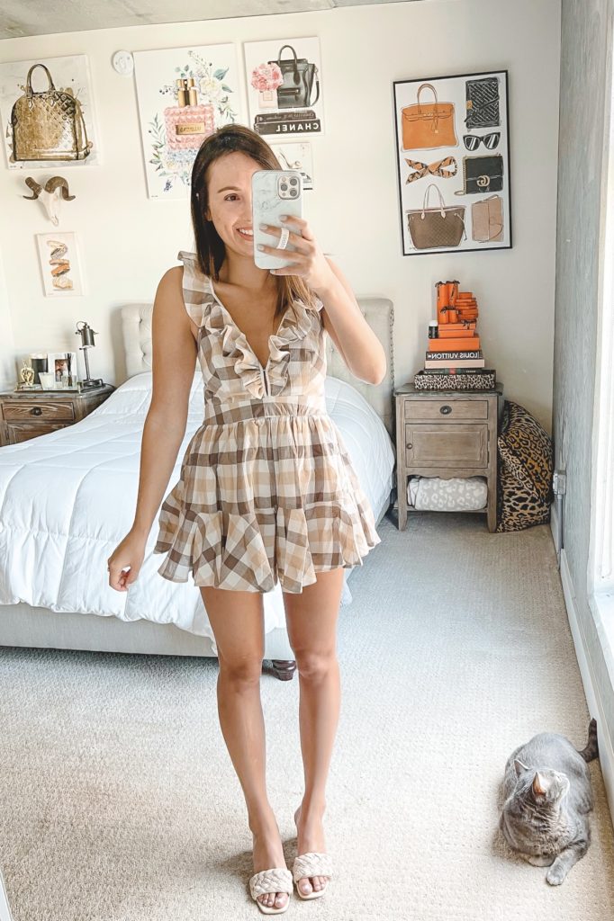 taupe multi plaid romper dress with braided sandals