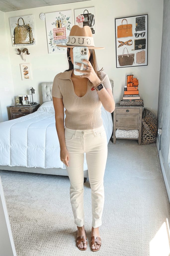 abercrombie ribbed sweater polo with cream jeans and braided sandals