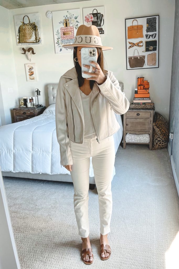 abercrombie cream suede moto jacket with cream jeans and braided sandals