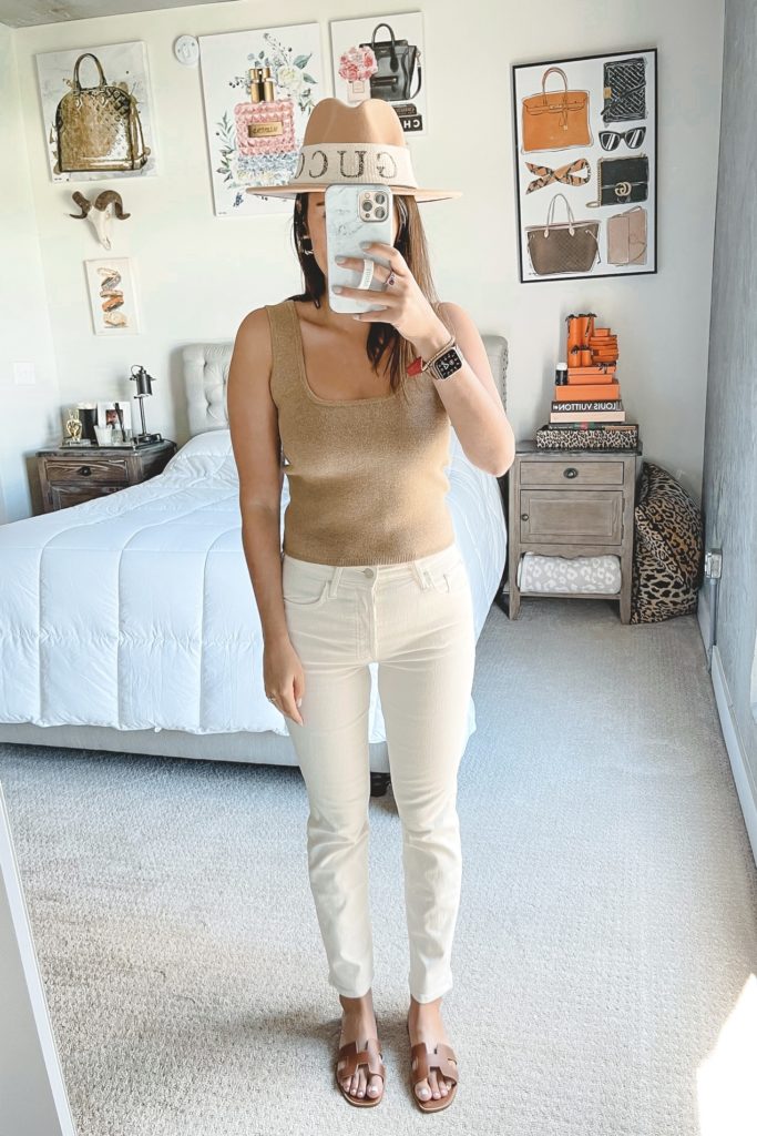 abercrombie squareneck sweater tank with cream jeans and braided sandals