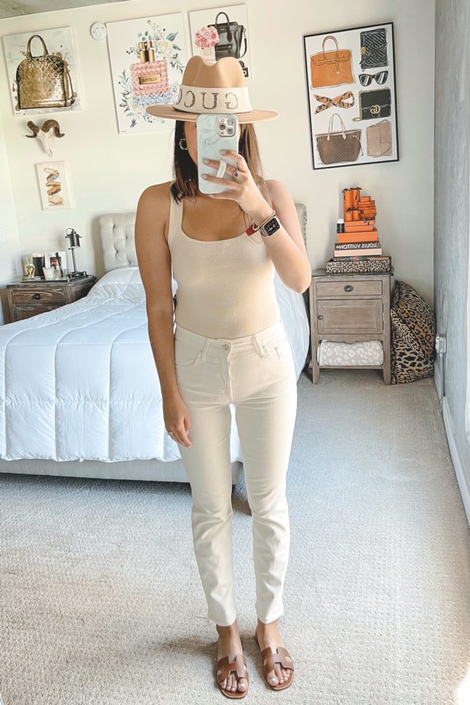 abercrombie halter crossback bodysuit with cream jeans and braided sandals