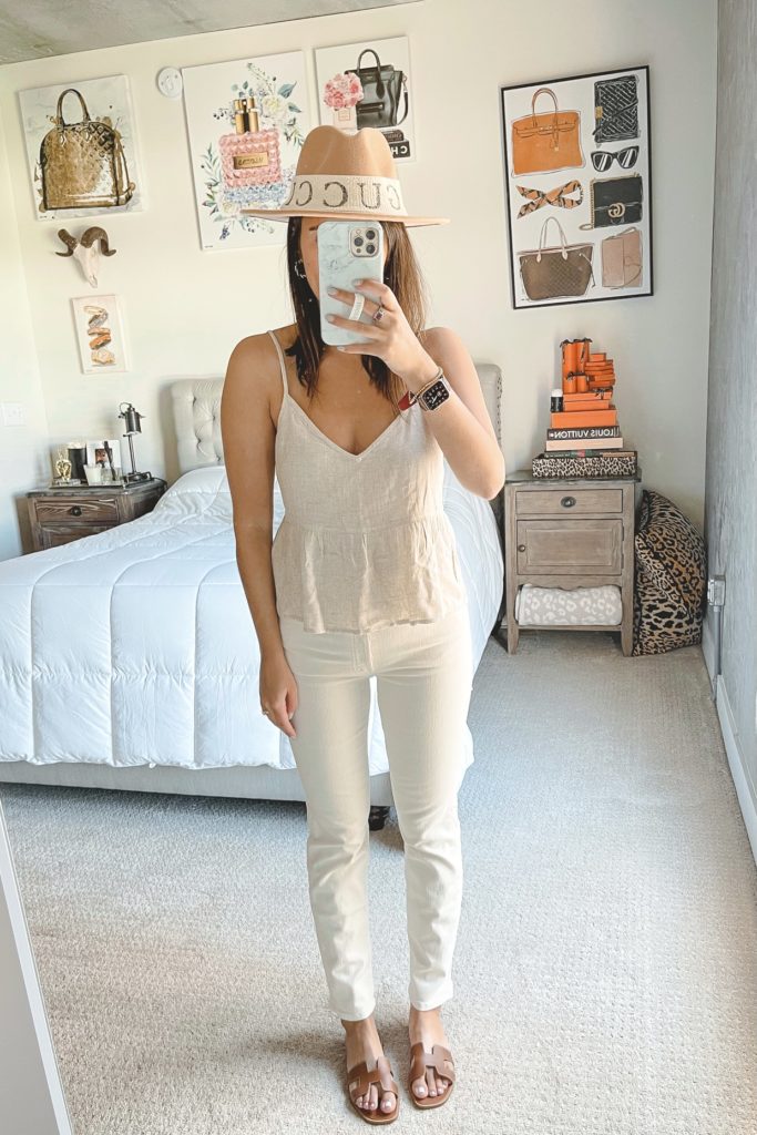 abercrombie trapeze cami with cream jeans and braided sandals