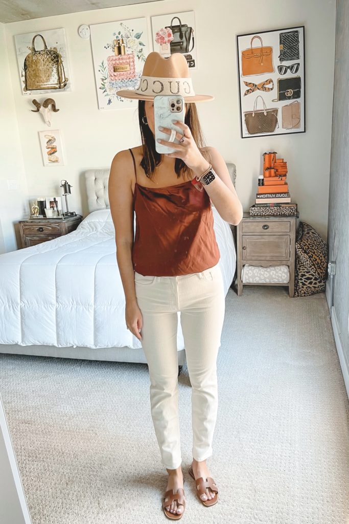 abercrombie satin brown cami with cream jeans and braided sandals