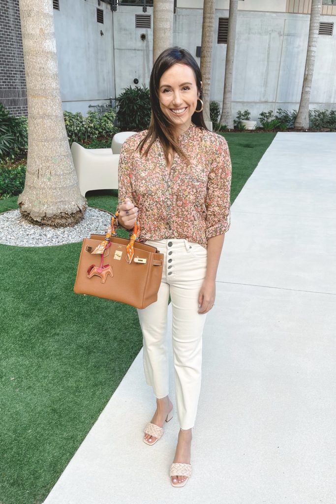kut from kloth floral blouse with hermes birkin and braided sandals