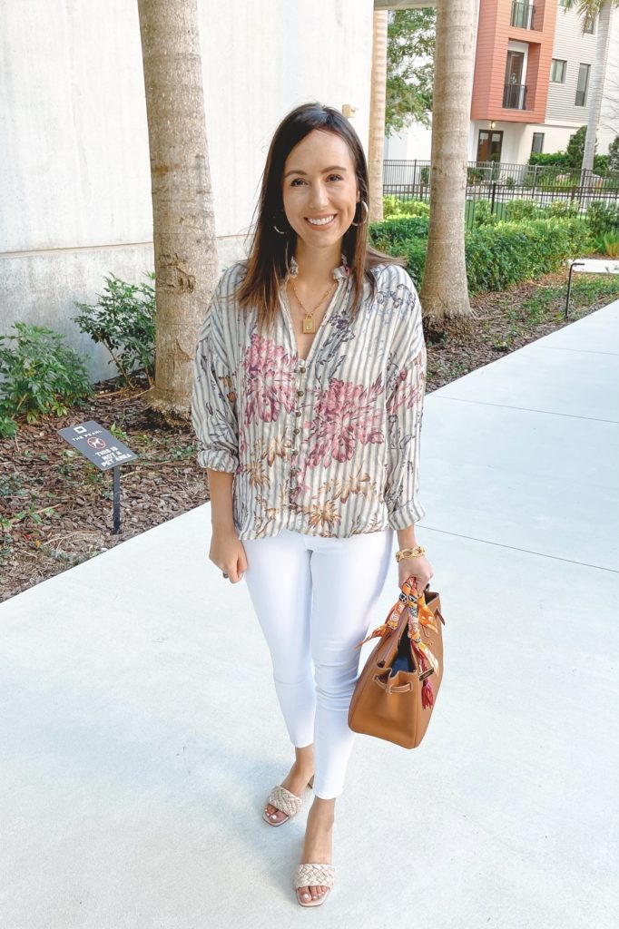 pilcro tavi blouse with white skinny jeans and braided sandals