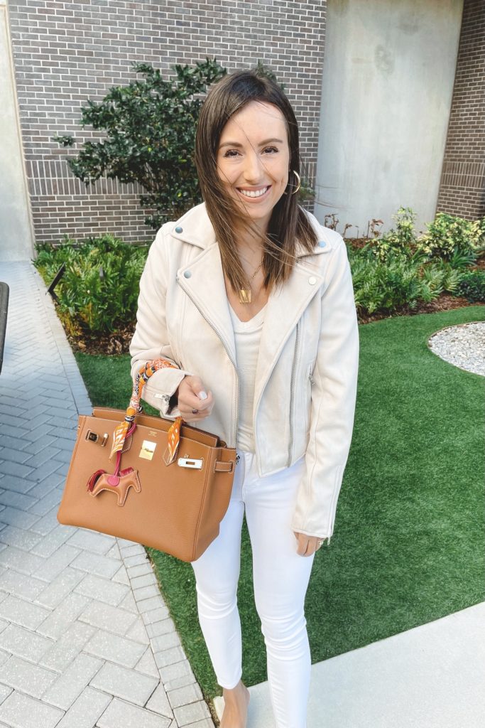 abercrombie cream suede moto jacket with white skinnies and hermes birkin