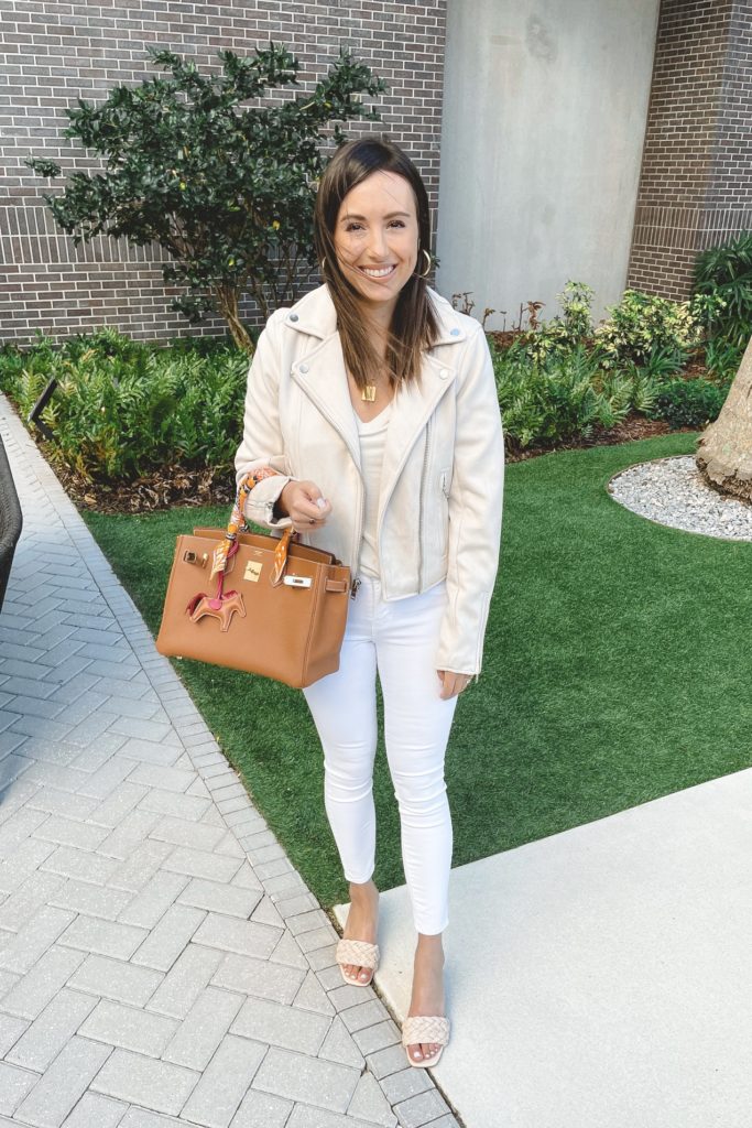abercrombie cream suede moto jacket with white skinnies and marc fisher braided sandals