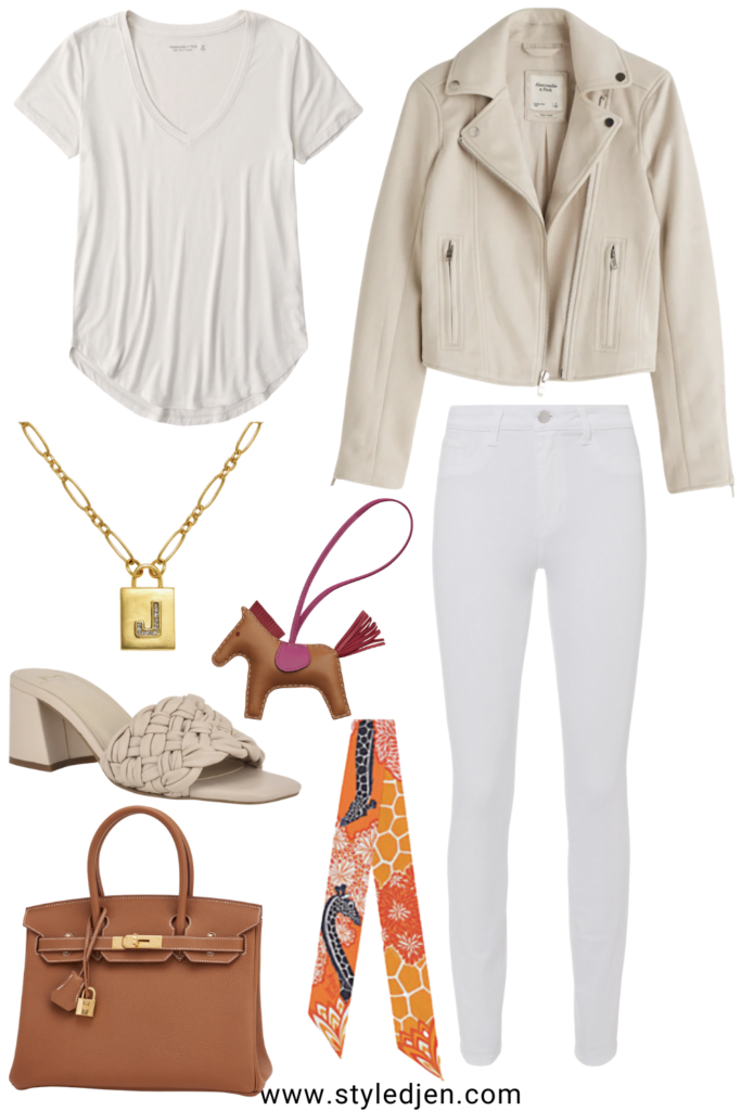 abercrombie cream suede moto jacket with white skinny jeans and marc fisher braided sandals