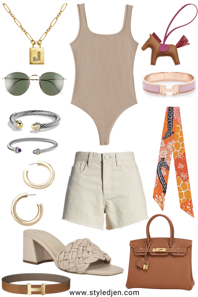 abercrombie ribbed bodysuit with cream shorts and hermes belt