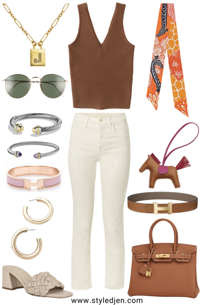 abercrombie vneck sweater tank with hermes belt and braided sandals